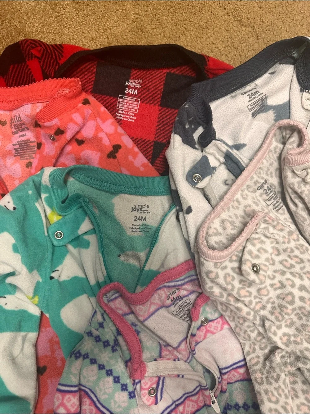 Carter's Kids Fleece Footie Pajama Bundle - Teal, Coral, Red, Gray, Pink, Purple